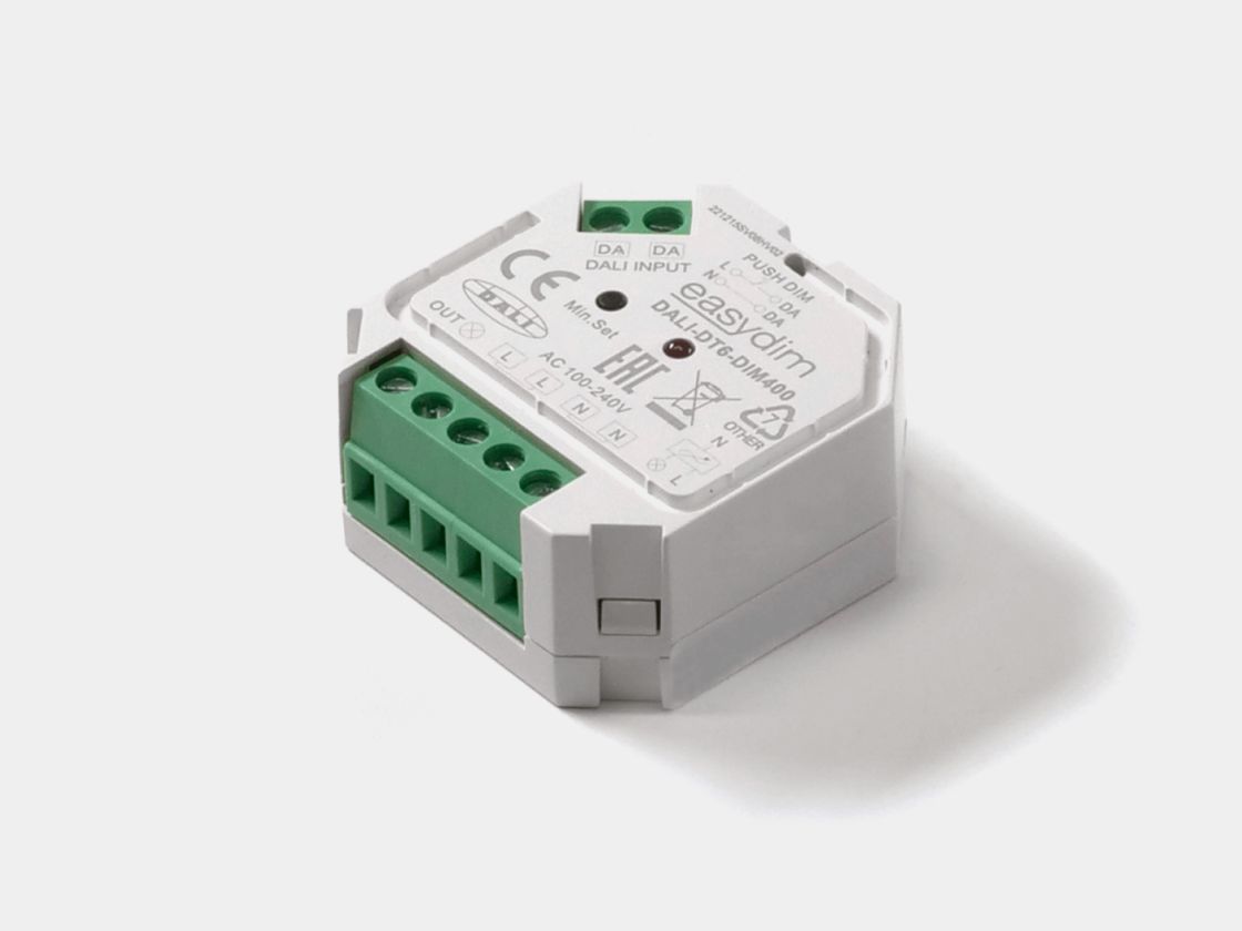 EasyDim DALI-DT6-DIM400 декодері, ақ түсті корпус, клеммалар