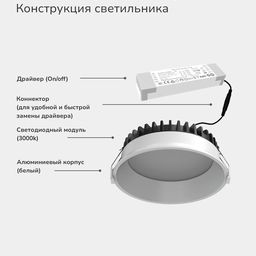 Диммерленетін кіріктірме төбелік LED шам, WL-BQ сериясы, Ақ, 20Вт, IP44, Жылы ақ (3000К), BQ009120-WH-WW