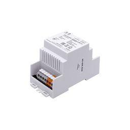 EasyDim RX-ST-DIN қабылдағыш-контроллері: үстіңгі жағында таңбалануы және клеммалары көрінеді