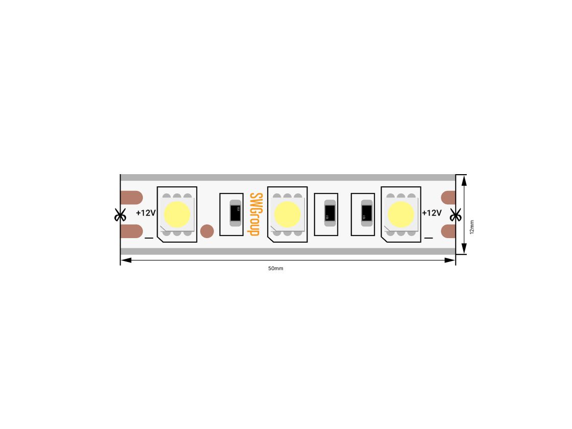 Фрагмент ленты с маркировкой +12V и контактами
