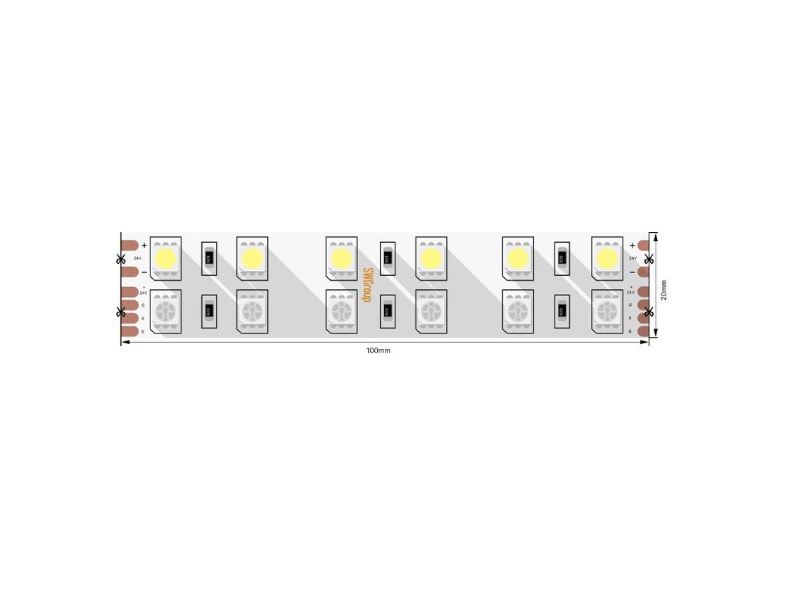 5050 LED таспасының сегмент сызбасы, контакт алаңшаларымен